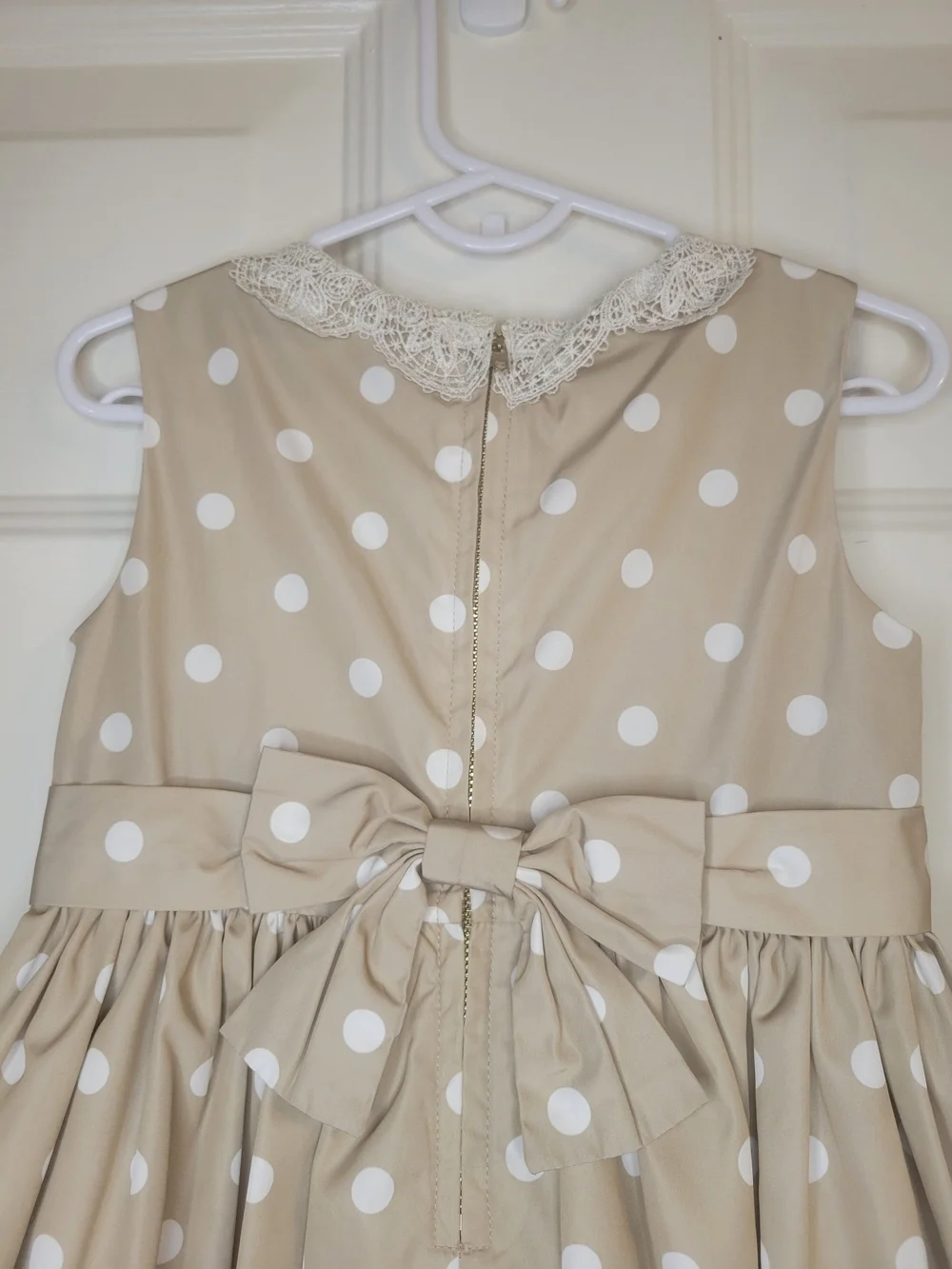 Nieman Marcus Beige Polka Dot Dress with Lace Collar
